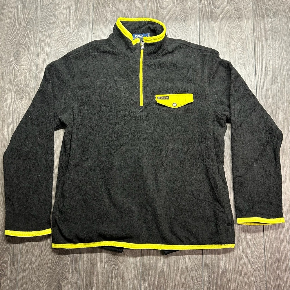 Polo Ralph Lauren Mens Large Fleece Quarter Zip Pullover Black Neon Yellow Large